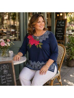 Alfred Dunner 2X Top Navy Pink Floral Embroidered Rhinestone Tunic Boho 20W 22W